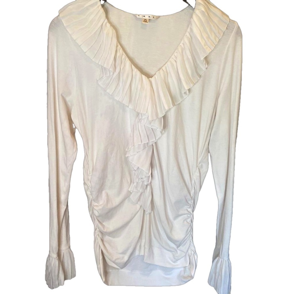 Cabi white ruffle top with side ruching XL